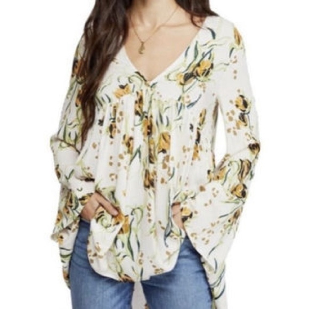 Free People Womens XS Bella Printed Tunic Top Floral Bell Sleeve V-Neck Boho